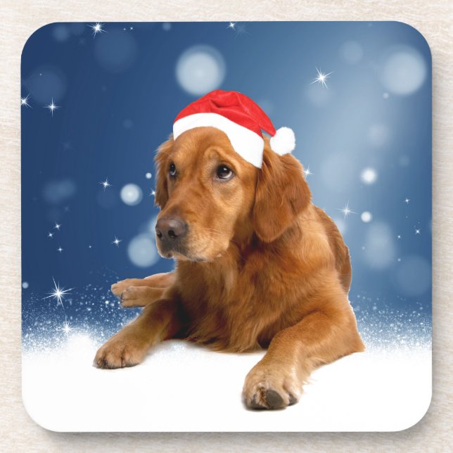 Christmas Cute Golden Retriever Dog Santa Hat Snow Drink Coaster (Front)