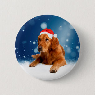 Christmas Cute Golden Retriever Dog Santa Hat Snow Pinback Button
