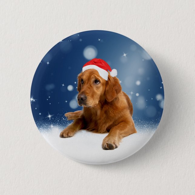 Christmas Cute Golden Retriever Dog Santa Hat Snow Pinback Button (Front)