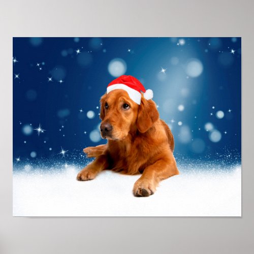 Christmas Cute Golden Retriever Dog Santa Hat Snow Poster