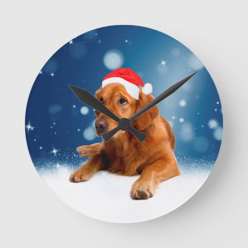 Christmas Cute Golden Retriever Dog Santa Hat Snow Round Clock