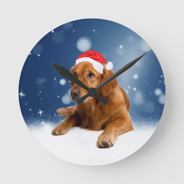 Christmas Cute Golden Retriever Dog Santa Hat Snow Round Clock (Front)