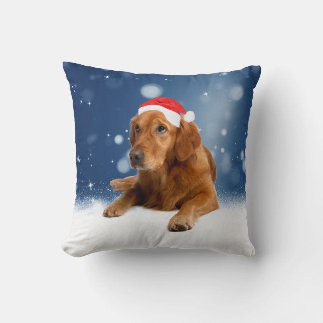 Christmas Cute Golden Retriever Dog Santa Hat Snow Throw Pillow (Front)