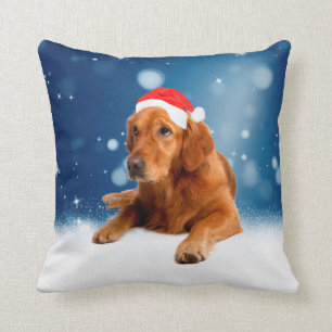 Christmas Cute Golden Retriever Dog Santa Hat Snow Throw Pillow