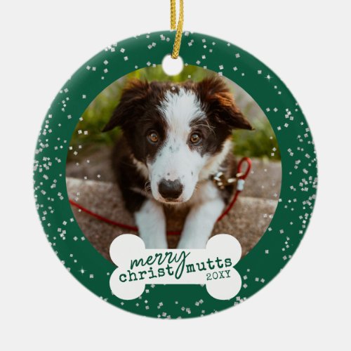 Christmas Cute Green Sparkly Pet Dog Photo Ceramic Ornament