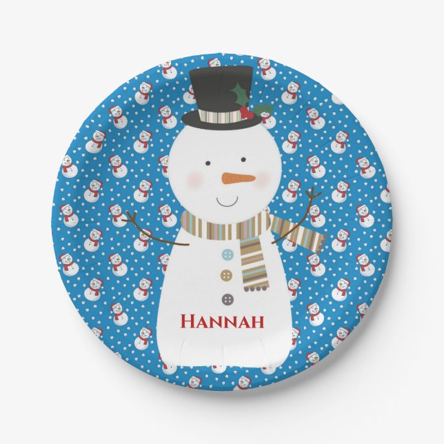 Christmas Cute Happy Cartoon Snowman Paper Plates (Front)