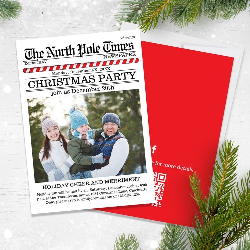 Christmas Cute Holiday Party Newspaper QR Code  Invitation