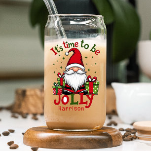 Christmas Cute Jolly Santa Personalized Name Can Glass