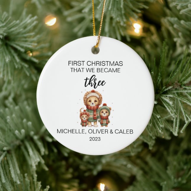 Christmas Cute Lion Family of Three Ceramic Ornament (Tree)