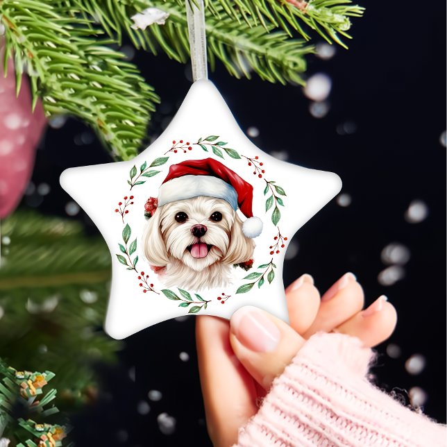 Christmas Cute Maltese Dog Personalized Ceramic Ornament (Creator Uploaded)