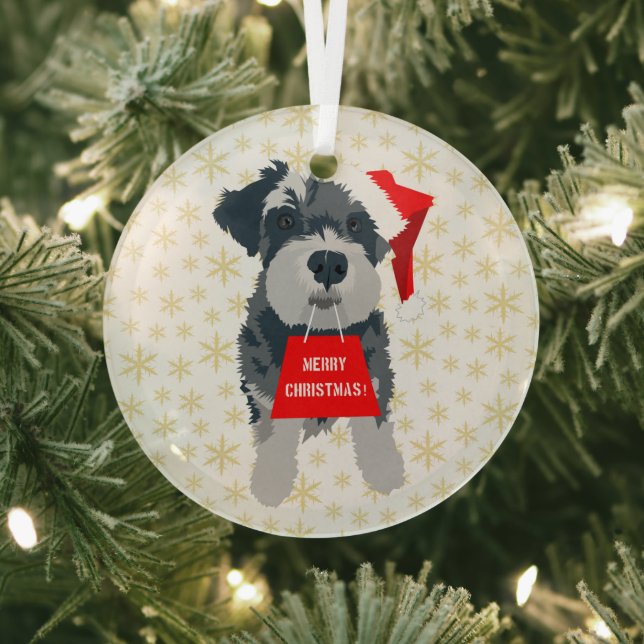 Christmas Cute Miniature Schnauzer Dog Santa Hat Glass Ornament (Insitu)