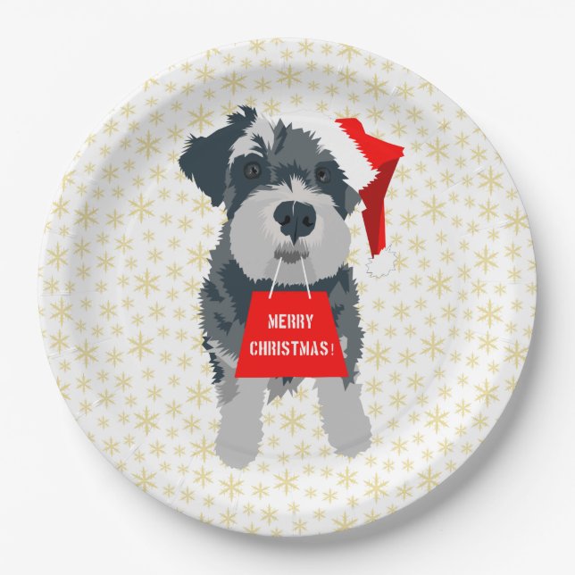 Christmas Cute Miniature Schnauzer Dog Santa Hat Paper Plates (Front)