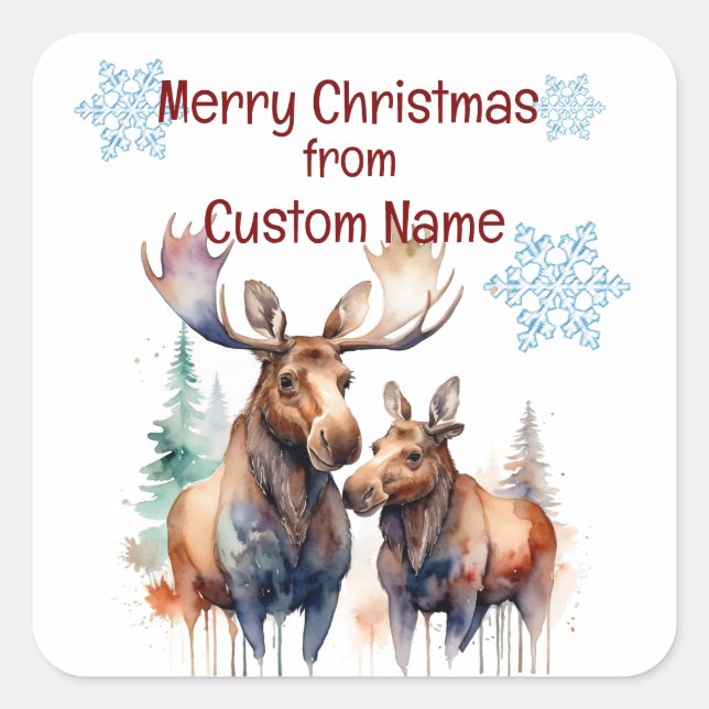 Christmas Cute Moose Couple Animal Customize  Square Sticker (Front)
