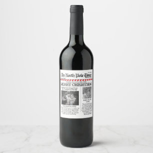 Christmas Cute North Pole Times Newspaper Fun Wine Label