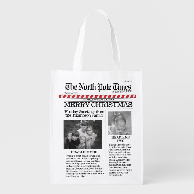 Christmas Cute North Pole Times Whimsical News Grocery Bag (Front)