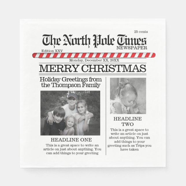 Christmas Cute North Pole Times Whimsical Photo Napkins (Front)