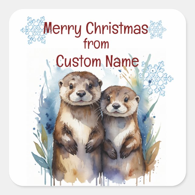 Christmas Cute Otter Couple Animal Customize  Square Sticker (Front)