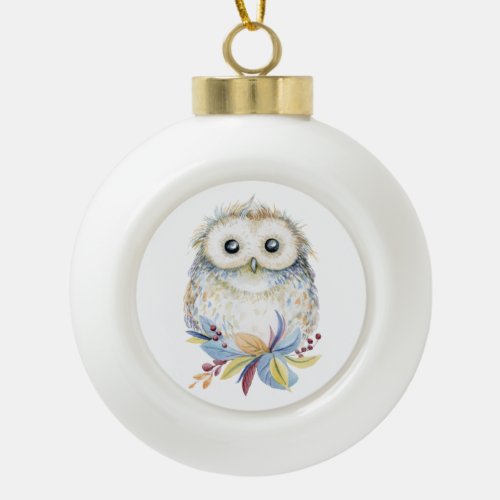 Christmas Cute Owl watercolor drawing Ceramic Ball Christmas Ornament