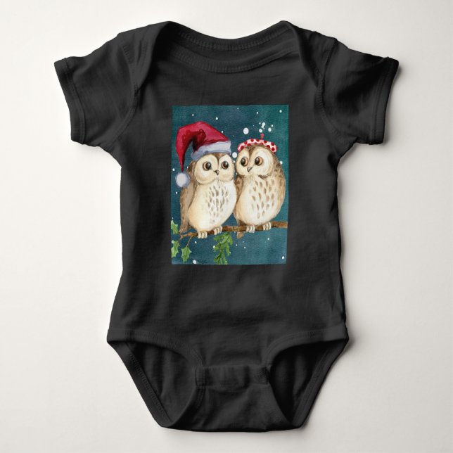 christmas cute Owl Wildlife santa's hat snow Baby Bodysuit (Front)