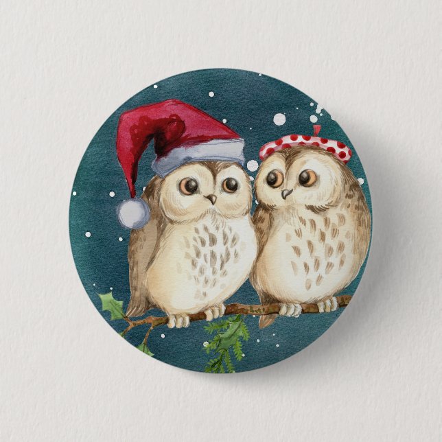 christmas cute Owl Wildlife santa's hat snow Button (Front)