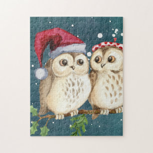 christmas cute Owl Wildlife santa's hat snow Jigsaw Puzzle