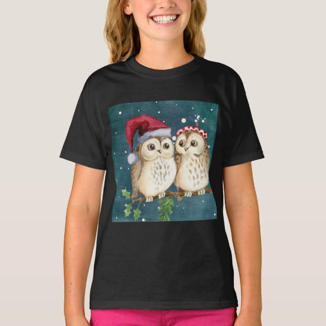 christmas cute Owl Wildlife santa's hat snow T-Shirt (Front)
