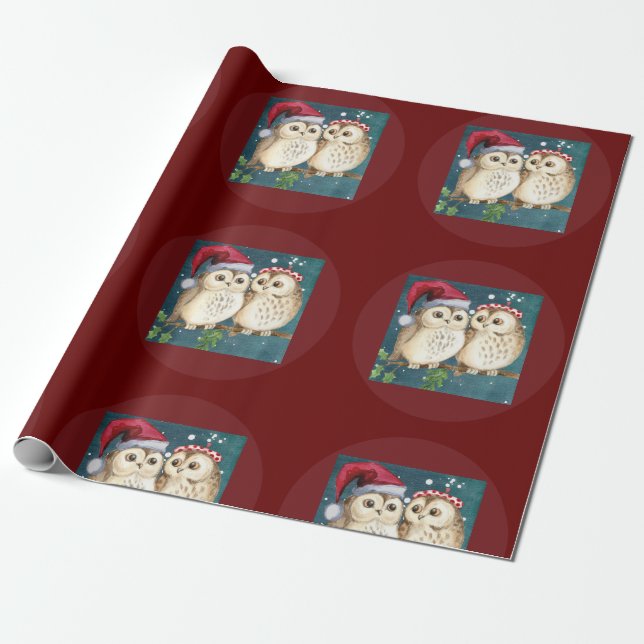 christmas cute Owl Wildlife santa's hat snow Wrapping Paper (Unrolled)