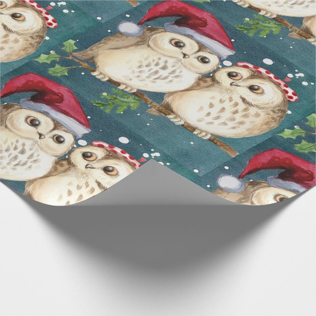 christmas cute Owl Wildlife santa's hat snow Wrapping Paper (Corner)