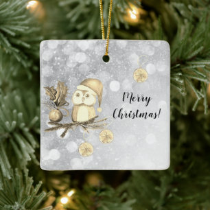 Christmas Cute Owl With Branches And Balls Ceramic Ornament
