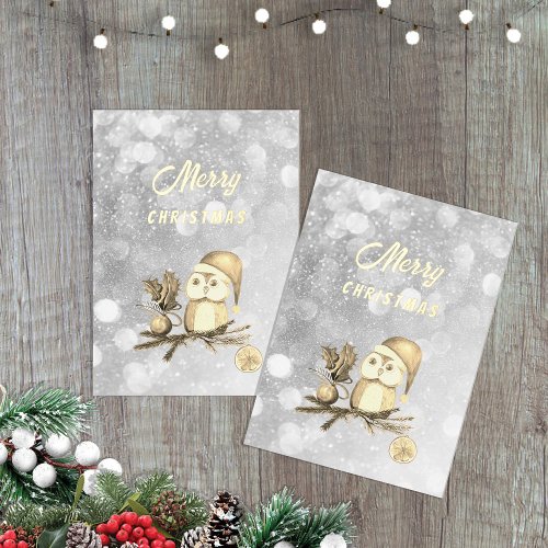 Christmas Cute Owl With Branches And Balls Foil Holiday Card