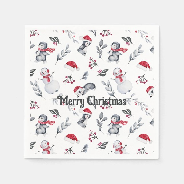 Christmas Cute Penguin Festive Snowman Holiday Napkins (Front)