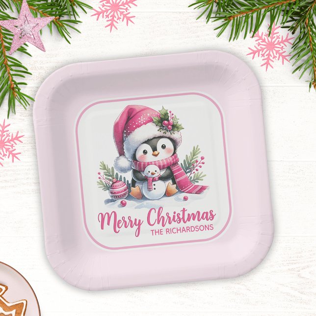Christmas Cute Penguin Pink Custom Merry Christmas Paper Plates (Creator Uploaded)