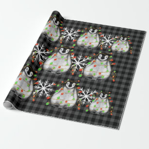 Christmas cute penguin red green lights snowflakes wrapping paper