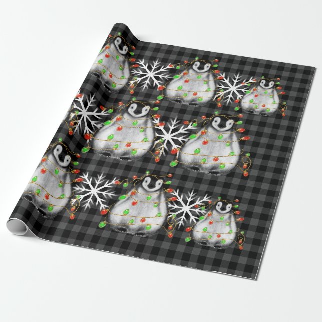 Christmas cute penguin red green lights snowflakes wrapping paper (Unrolled)