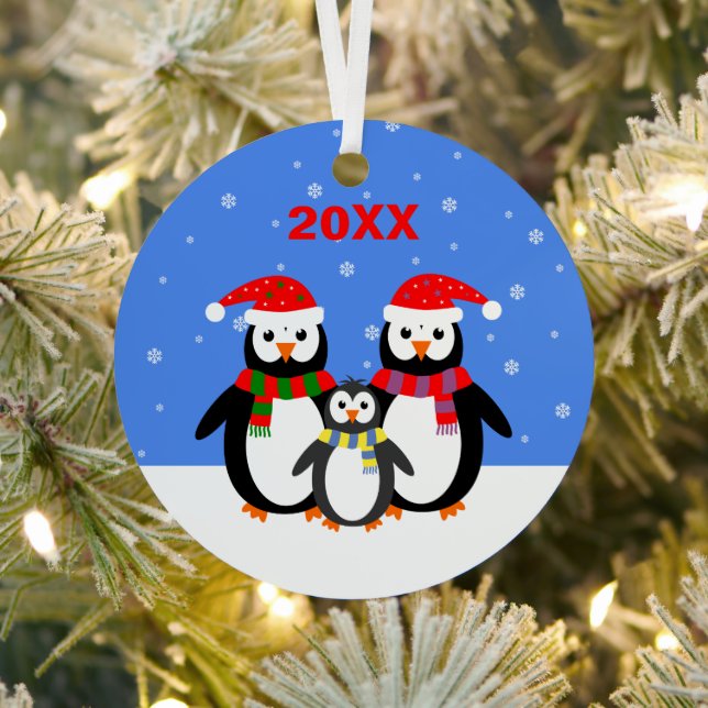 Christmas cute penguins add name date two-sided metal ornament (Insitu)