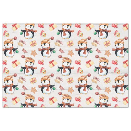 Christmas Cute Penguins Rustic White Wood Presents Tissue Paper