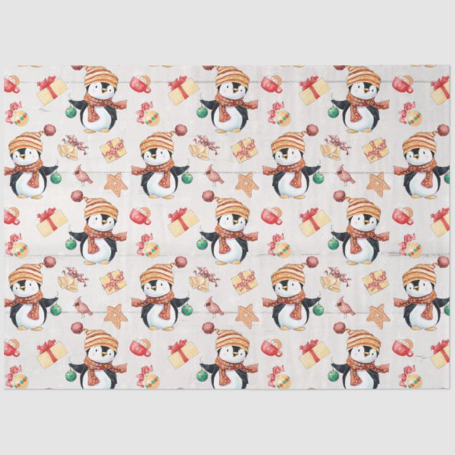 Christmas Cute Penguins Rustic White Wood Presents Tissue Paper (Front)