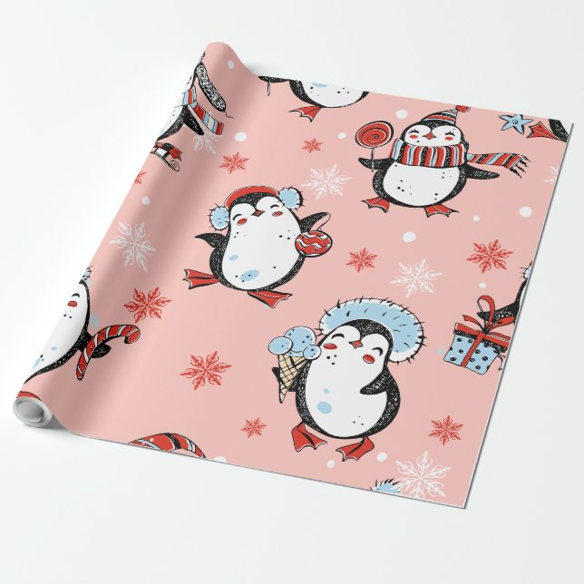 Christmas - Cute Penguins Wrapping Paper (Unrolled)