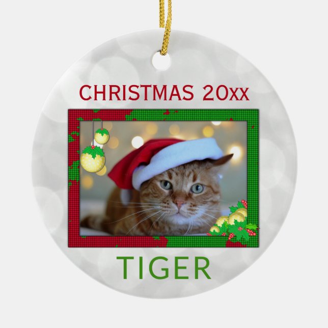 Christmas Cute Pet Cat Photo Ceramic Ornament (Front)