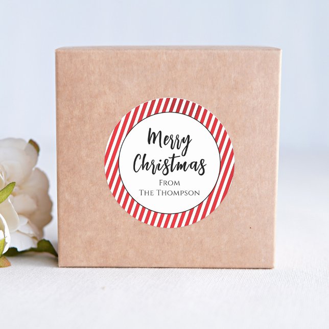 Christmas Cute Photo Collage Simple Newspaper Classic Round Sticker (Merry Christmas cute candy cane stripes sticker with calligraphy script. )