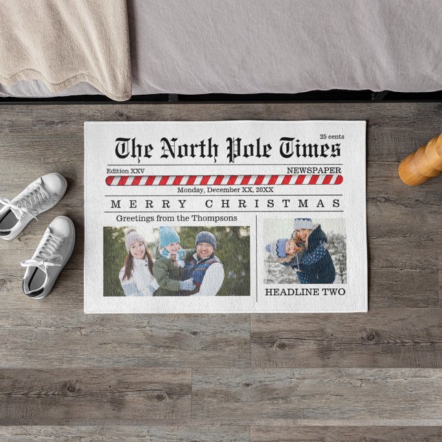 Christmas Cute Photo Collage Simple Newspaper Doormat (The North Pole Times newspaper print doormat)
