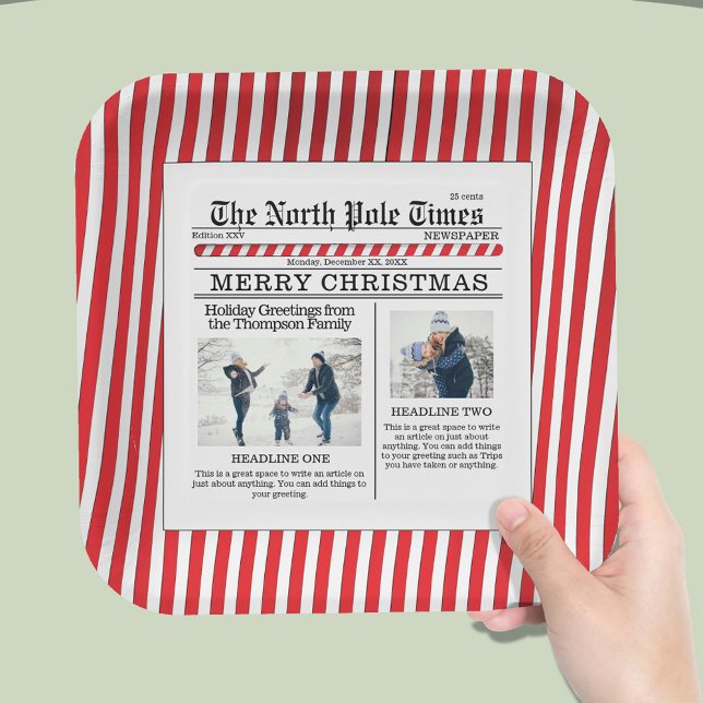 Christmas Cute Photo Collage Simple Newspaper Paper Plates (The North Pole Time whimsical photo custom Square paper plate.)
