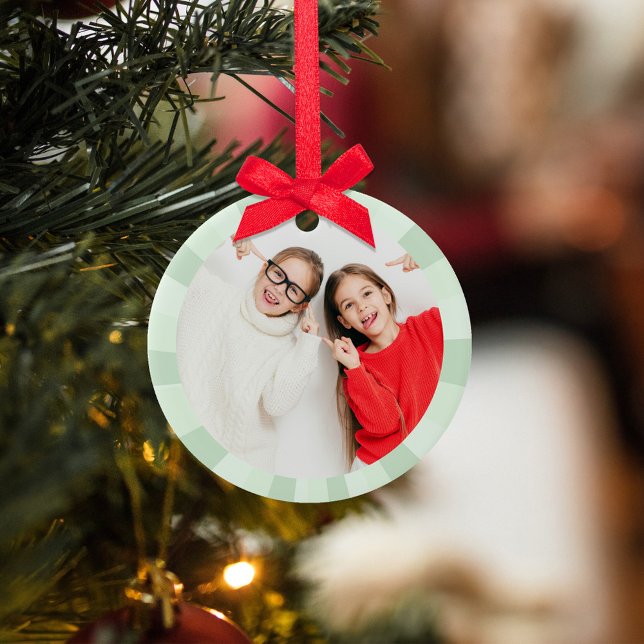 Christmas Cute Photo Green Whimsical Fun  Ceramic Ornament (Whimsical green cute photo Christmas ornament.)