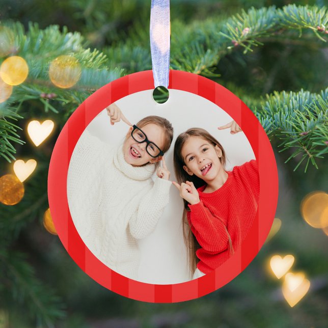 Christmas Cute Photo Red Whimsical Fun  Ceramic Ornament (Simple red striped photo Christmas ornament. )