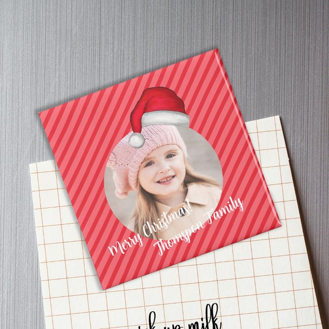 Christmas Cute Photo Santa Hat Whimsical  Magnet (Cute Santa striped holiday photo magnet)