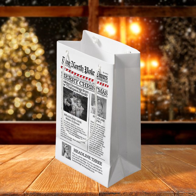 Christmas Cute Photo Whimsical Fun Newspaper  Small Gift Bag (Merry Christmas whimsical photo newspaper gift bag. )
