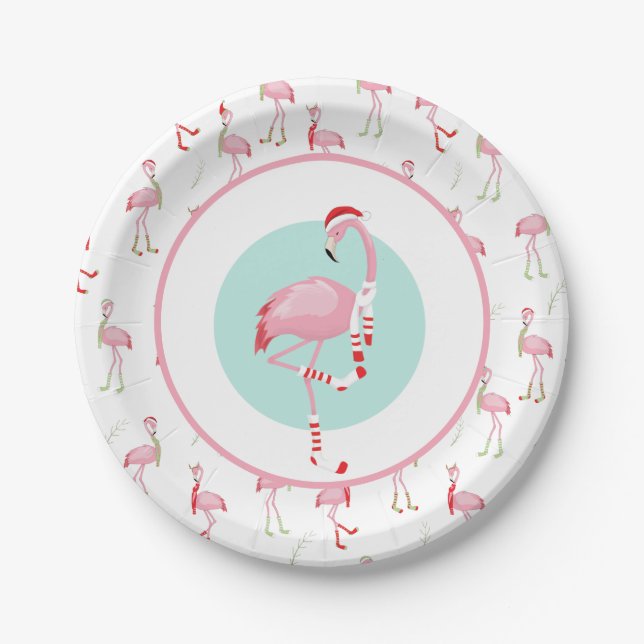 Christmas Cute Pink Flamingo Paper Plates (Front)