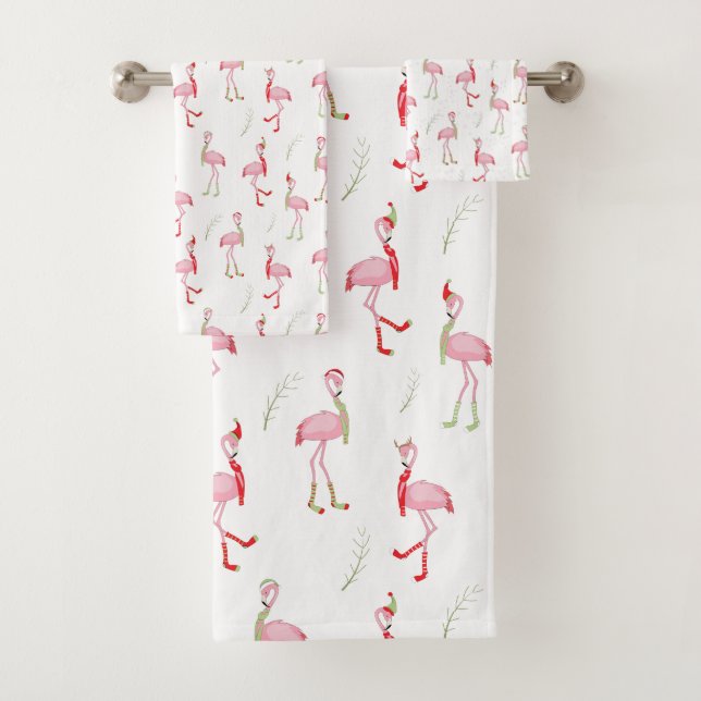 Christmas Cute Pink Flamingo Pattern Bath Towel Set (Insitu)