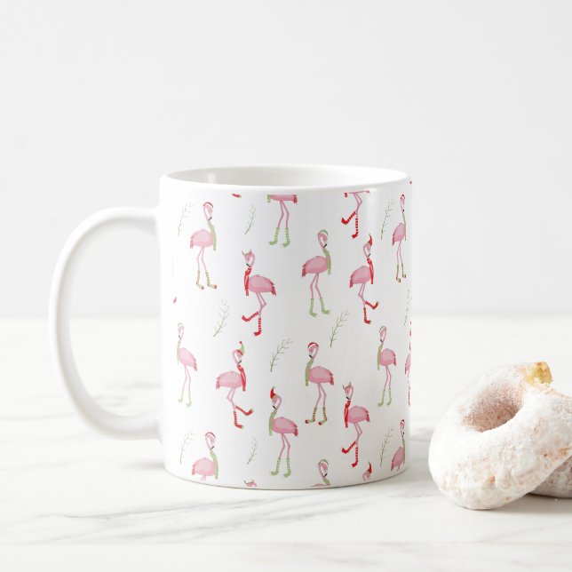 Christmas Cute Pink Flamingo Pattern  Coffee Mug (With Donut)