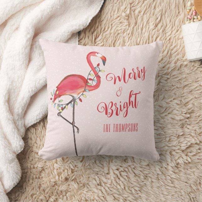 Christmas Cute Pink Flamingo Personalized Throw Pillow (Blanket)
